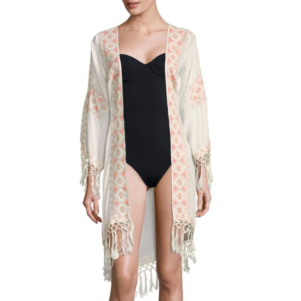 NEW MELISSA ODABASH Ivory Crochet Tasseled Woven Trim Belted Open Robe Coverup